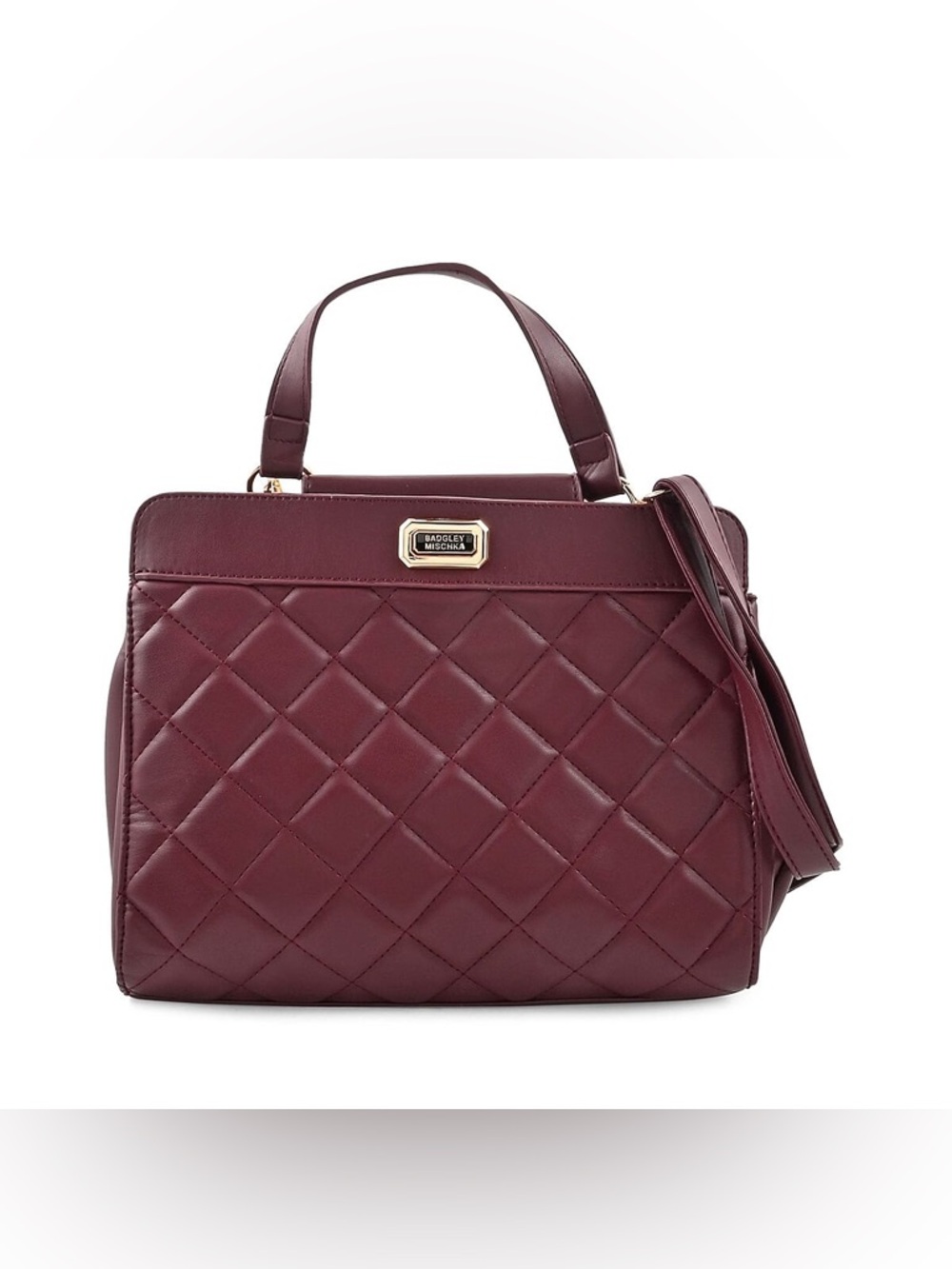 Badgley Mischka Quilted Top-Handle Satchel in Burgundy - NEW